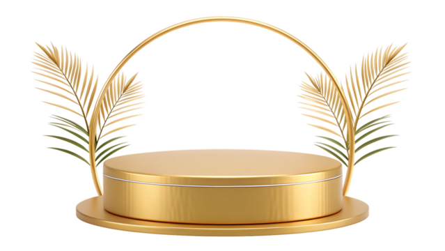 Elegant golden podium or pedestal with arch and palm leaf decoration, perfect for product display, isolated on transparent background