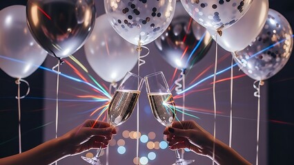 Two Hands Clinking Champagne Glasses Amidst Balloons and Lights celebration toasting