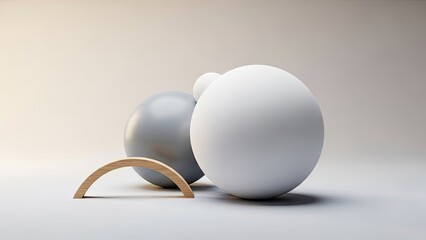 Minimalist still life arrangement featuring a white sphere, grey sphere, and curved wooden arc on a light studio background, conveying harmony and simplicity.