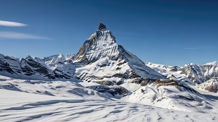 Majestic Matterhorn mountain peak covered in snow against a clear blue sky in the Swiss Alps, showcasing breathtaking winter natural beauty.