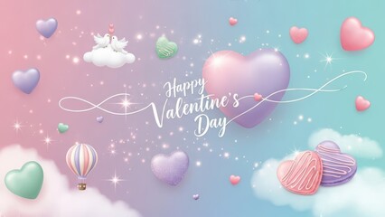 Whimsical pastel hearts and clouds with happy valentine s day text isolated on white background