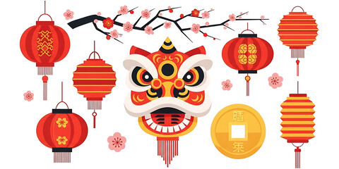 Naklejka premium A vibrant Chinese New Year icon set collection featuring lanterns, a lion dance head, and lucky symbols