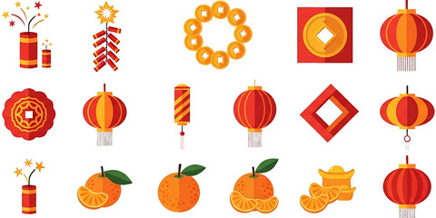 Chinese New Year Icon Set Collection Festive Symbols and Decorations for Celebrations and Traditions