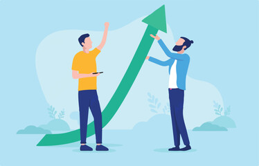 Business growth - Two businessman in casual clothing with green arrow pointing upwards to growth. Flat design vector illustration with white background