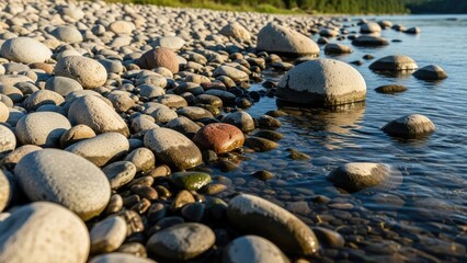 Obraz premium Close-up of smooth, rounded river stones in clear shallow water on a peaceful natural riverbed.