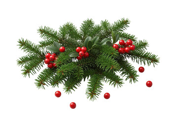 Vibrant green spruce and fir branches with sharp needles, accented by scattered red winterberries, artfully arranged on a solid transparent background with bright studio lighting. Commercial product