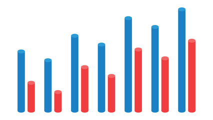 Seven Pairs of Zig Zag Cylindrical Bar Graphs Representing Weekly Infographic Reports on Sales, Profit, and Business Growth