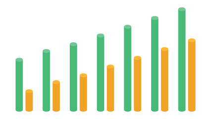 Seven Pairs of Cylindrical Bar Graphs Representing Weekly Infographic Reports on Sales, Profit, and Business Growth