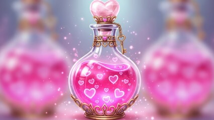 Magical pink potion bottle filled with glowing hearts and sparkles isolated on white background