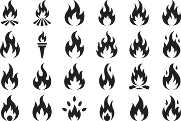 Campfire and fire flame silhouette icons high detail collection