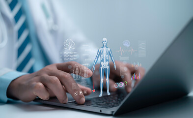 Doctor using a laptop with digital anatomy data and medical analytics showcases advanced healthcare technology, smart diagnostics and real-time patient insights in a modern clinical system