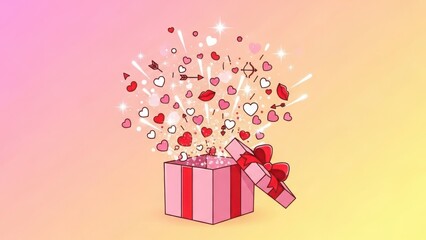 Open pink gift box with red ribbon overflowing with romantic symbols and sparkles isolated on white background