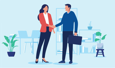  Business handshake - Businessman and businesswoman shaking hands over deal and agreement indoors in corporate office, smiling and feeling happy. Flat design vector illustration.