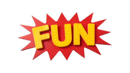 Yellow three dimensional block letters spelling the word FUN on a red comic book style starburst isolated on transparent background