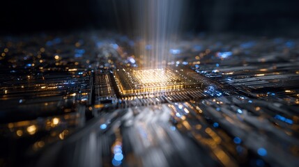 Extreme macro close up shot of futuristic quantum processor chip superconducting circuit glowing golden blue light abstract data energy flowing outwards center highly detailed texture narrow depth of