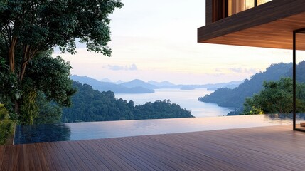 An infinity pool overlooks a serene mountain lake at sunset, with a modern wooden deck and architectural details.