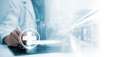 Doctor using digital tablet with medical analytics and rising health indicators represents advanced healthcare technology, data driven insights and smart clinical improvement in modern medical systems