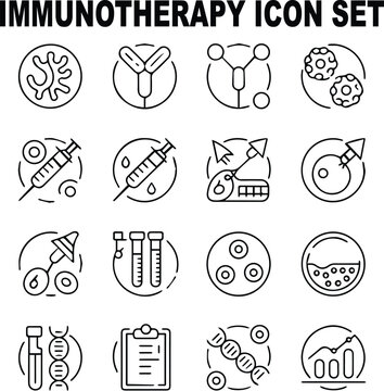 Immunotherapy Thin-Line Icon Set &mdash; Immune Cell, Monoclonal Antibody, T-Cell Activation, Cytokine Inhibition, TH Cell Immune, Checkpoint Inhibitor, Targeted Attack, Biomarker Test, Lab Culture, Precisi