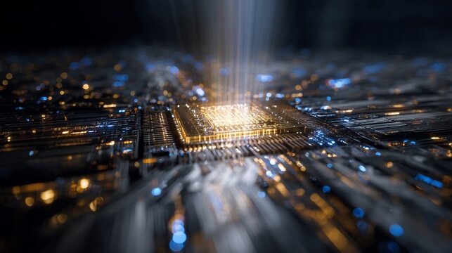 Extreme macro close up shot of futuristic quantum processor chip superconducting circuit glowing golden blue light abstract data energy flowing outwards center highly detailed texture narrow depth of