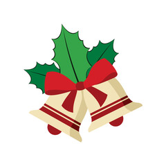 Bright Christmas bells tied with a red bow and holly create a warm, festive centerpiece for holiday decor. Perfect for seasonal greeting cards, advertisements, and family celebrations.