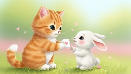 Cute orange tabby kitten and white bunny rabbit giving high five isolated on white background