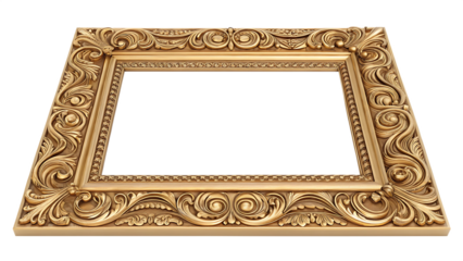 Ornate antique gold picture frame with intricate baroque carving isolated on transparent background