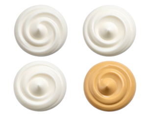 Four distinct swirls of creamy texture, three white, one caramel