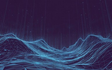 Illustration of abstract digital landscape with glowing blue particle