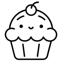 Simple cute kawaii cupcake outline illustration isolated on white background