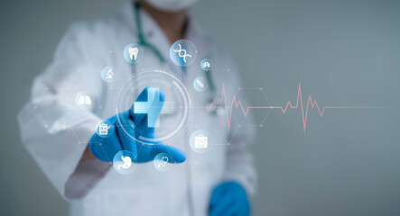 Doctor using digital technology to access healthcare data and medical icons represents modern health innovation and advanced diagnostic solutions for efficient patient care in a smart medical system