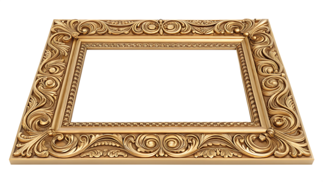 Ornate antique gold picture frame with intricate baroque carving isolated on transparent background