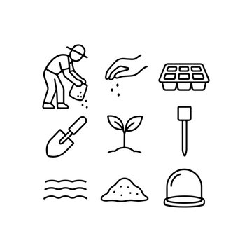 Gardening icons illustrating seed starting and planting process