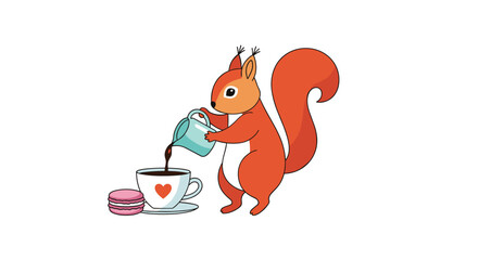 Cute cartoon squirrel pouring coffee into a cup with a heart design next to a pink macaron on a white background.
