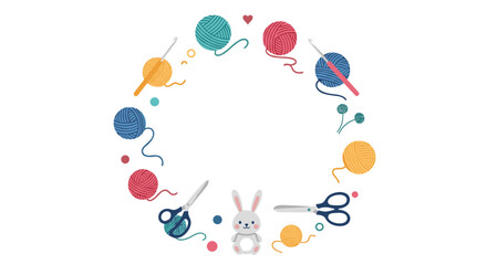 Adorable circular frame made of yarn balls crochet hooks scissors and a cute bunny illustration for crafting projects.