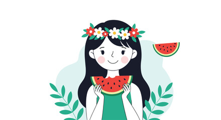 Happy cartoon girl with a flower crown eating a slice of watermelon surrounded by green leaves on a summer background.