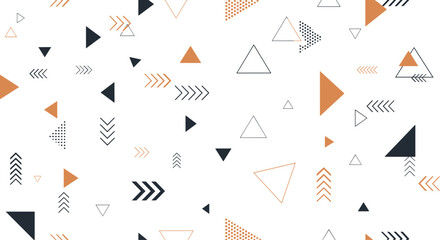 Dynamic seamless pattern background featuring an array of abstract geometric triangles and arrow shapes in black orange and white.