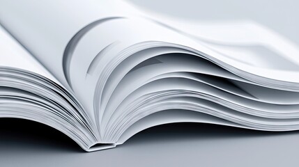 Close-up of an open book with pages fanned out, creating a dynamic and abstract composition. The image has a minimalist aesthetic with soft lighting.