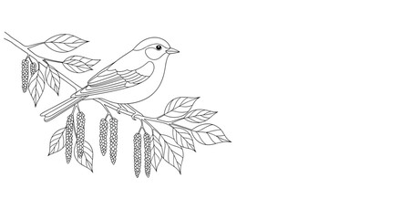 Elegant line art illustration of a small bird perched on a branch with leaves and catkins against a clean white background.