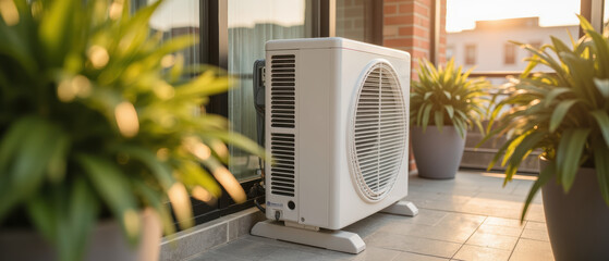 Air conditioning unit on balcony surrounded by potted plants, providing comfort and refreshing atmosphere during warm weather