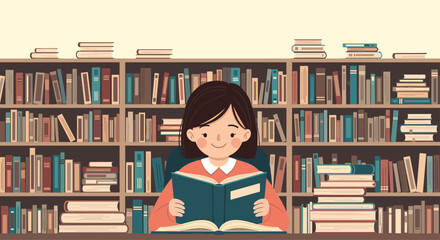 Young girl happily reading a book in a library surrounded by tall bookshelves filled with many diverse books.
