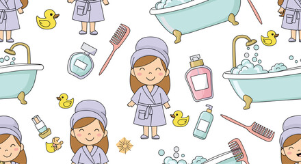 Seamless pattern featuring cute cartoon girls in bathrobes with various bathroom items like bathtubs and combs.