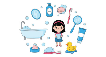 Cute cartoon girl holding bath bubbles surrounded by various bathroom and hygiene items in a circular arrangement.