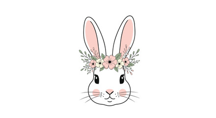 Adorable bunny rabbit face with long ears and a delicate floral crown on a clean white background.