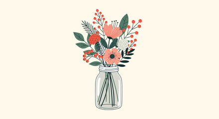 Beautiful hand-drawn bouquet of flowers and berries in a clear mason jar against a simple beige background.