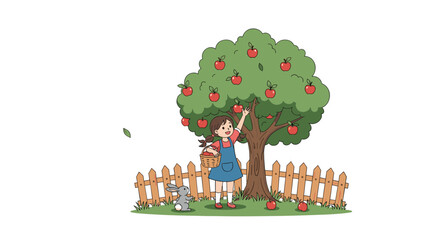 Happy cartoon girl picking apples from a tree into a basket with a cute bunny and a fence in a rural setting.