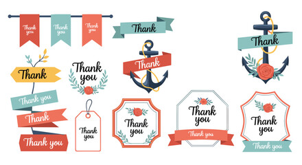 Collection of various thank you banners ribbons and badges with anchors and floral decorations in a bright color palette.