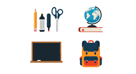 Collection of flat design school supplies icons including pencils markers scissors a globe book and backpack.
