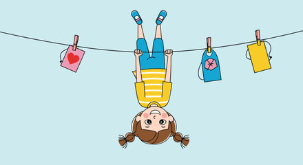 Playful cartoon girl hanging upside down on a clothesline with colorful clothes tags against a light blue background.