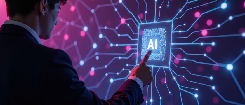 Innovative technology artificial intelligence digital interface businessman futuristic data visualization network connection modern design