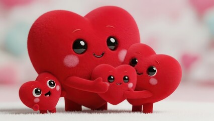 Cute cartoon red hearts family hugging with big eyes and blush cheeks isolated on white background